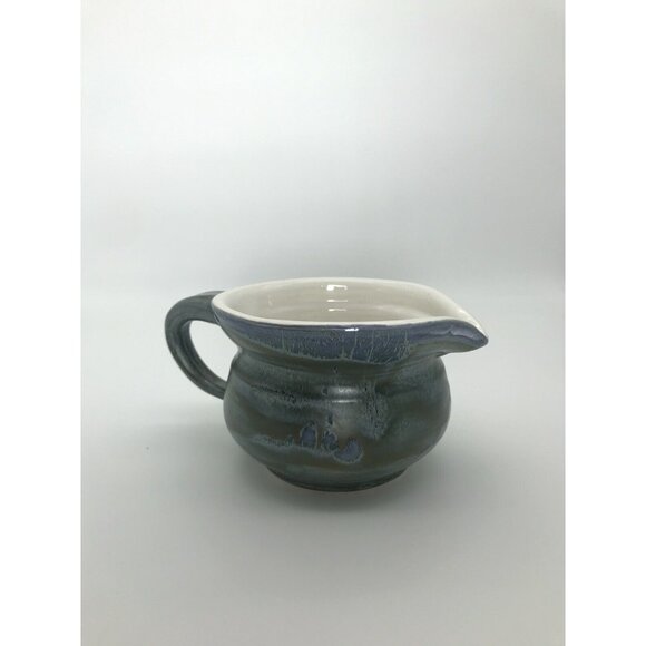 Art Pottery Large Creamer Blue Glaze Signed Dated Handle Ceramic Stoneware Gravy - Picture 1 of 9